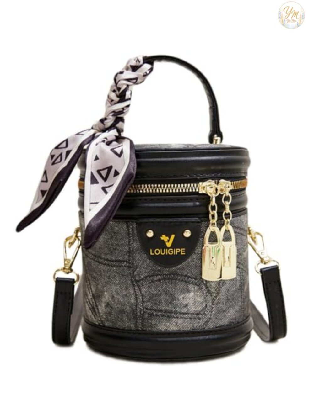 Faux Leather Canvas Cylinder Bucket Bag Shoulder Crossbody